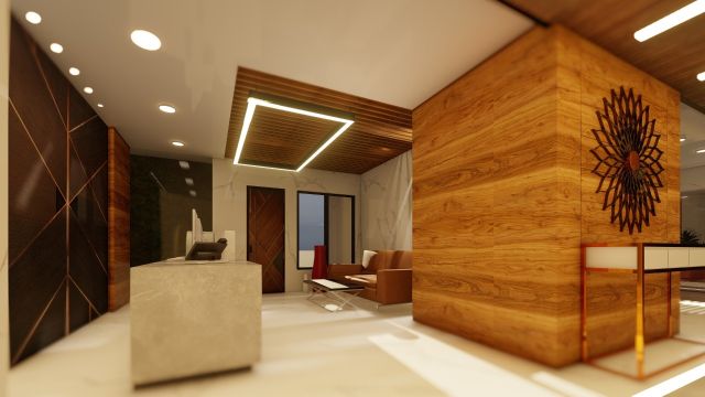 Indian Contemporary Office Reception Area With Wooden Finish